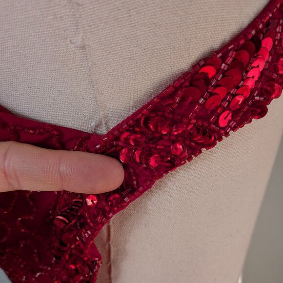 Vintage Cache Prom Dress Maxi Gown Red XS Glam Silk Bead 90s Y2K Pageant Classic - Picture 15 of 16